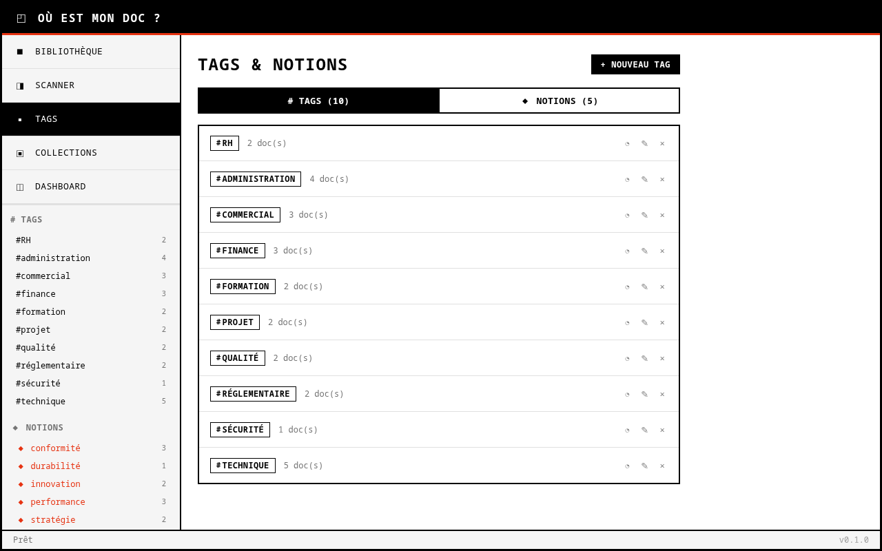Vue de gestion des tags et notions